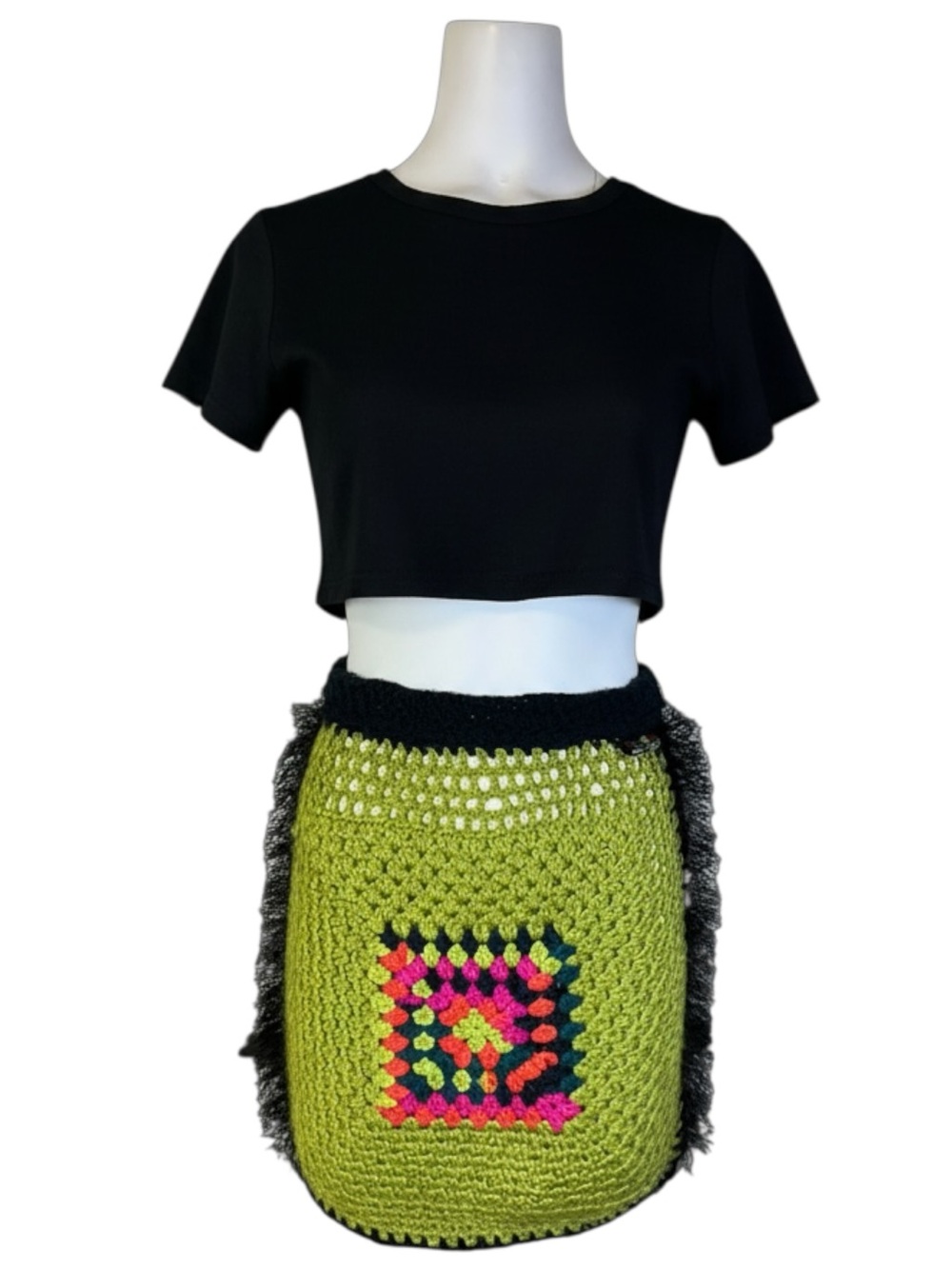 Yarn Movement Crochet Mini Skirt Green Granny Square Fuzzy Trim Handmade
